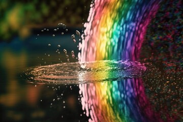 Abstract reflection background with water and rainbows. Flowing gold liquid with prism colors wallpaper.