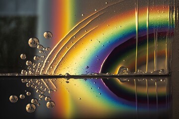 Abstract reflection background with water and rainbows. Flowing gold liquid with prism colors wallpaper.