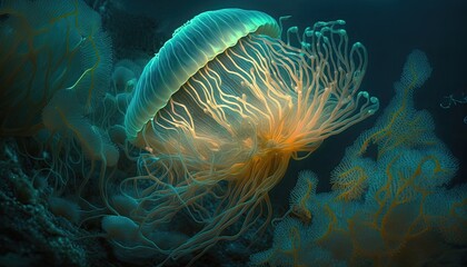 Naklejka na ściany i meble Bioluminescence. Blue, teal glowing jellyfish and underwater ocean marine life. Light in the dark background.