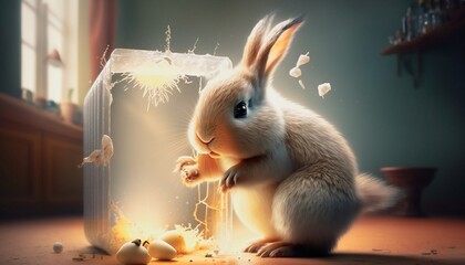 Cute Bunny rabbit sitting in a dreamy place under light, generative ai