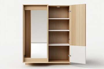 Open wooden bathroom cabinet on white wall. Generative AI