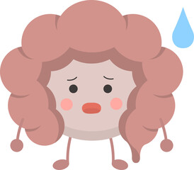 A mascot of human organ intestines with a troubled expression and motion