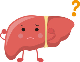 Liver mascot with confused expression and gestures
