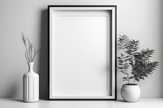 Mockup of a blank picture frame on a wall. Vertical orientation. Template for artwork in interior design. Generative AI