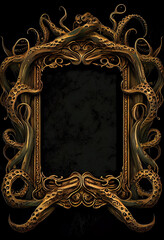 Chuthulu monster of the deep gilded tentacles matte gold frame design, creepy Lovecraft-inspired frame for Halloween promotions, horror book covers, mystery of the deep. Generative AI, AI - obrazy, fototapety, plakaty