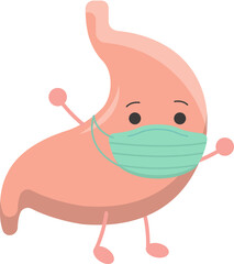 Stomach mascot with medical mask, human body organ to protect from virus