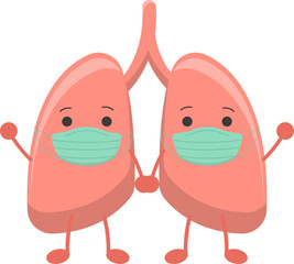 Lungs mascot with medical mask, human body organ to protect from virus