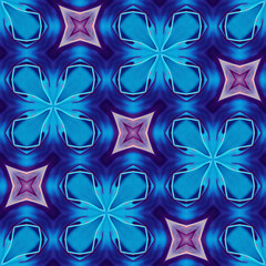 Geometric seamless repeating pattern of squares, star, cross in blue color.