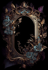 Guilded frame with dark gothic florals and botanicals, matte gold distressed textured aged vintage frame, lush and mysterious, gritty and goth, empty for copy space, centered, generative AI, AI