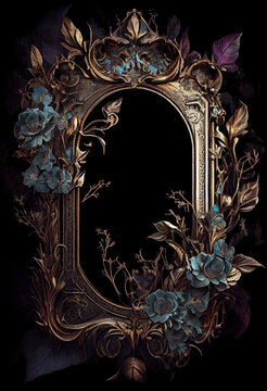 Guilded frame with dark gothic florals and botanicals, matte gold distressed textured aged vintage frame, lush and mysterious, gritty and goth, empty for copy space, centered, generative AI, AI