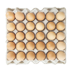Open egg box with 30 brown eggs. Fresh organic chicken eggs in carton pack or egg container. Top view File PNG.