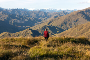A young male hiker in a red sweater is walking on a tussock covered hill, with endless mountain peaks and snow mountains in the background at sunset.