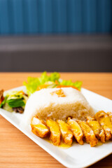 A Lemon Chicken Cutlet Dish, Servied with Rice and a side of salad