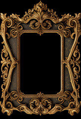 Fancy gilded frame on black background, Baroque style gold, thick matte yellow gold rectangle framing 
 empty in the center for copy space, generative AI, AI