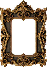 Fancy gilded frame on black background, Baroque style gold, thick matte yellow gold rectangle framing 
 empty in the center for copy space, generative AI, AI