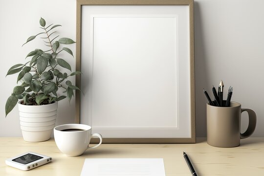 Minimalist desktop mockup with organic-colored stationary, coffee cup, and frame. Freelance social media blogger. Copyspace and mockup. Generative AI