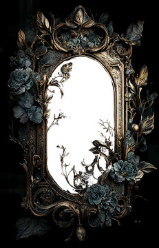 transparent golden frame dark gothic florals and botanicals, matte gold distressed textured aged vintage frame, lush mysterious, gritty, gilded goth, empty for copy space, centered, generative AI, AI