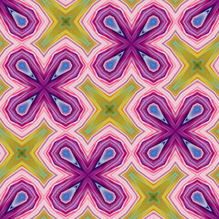 Geometric seamless repeating pattern of squares, star, cross in blue and pink color. 