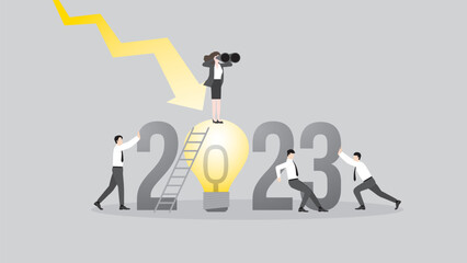 Global recession in the year 2023. Vision businesswoman uses binoculars on big light bulb with a team, down graph. Business idea, problem-solving for financial crisis, economic downturn and inflation.