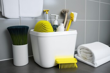 Modern bathroom with toilet bowl cleaning basket. Generative AI