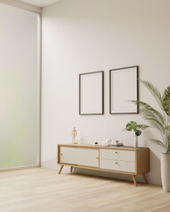 Minimal Japanese living room style with wood cabinet, frames mockup on white wall.