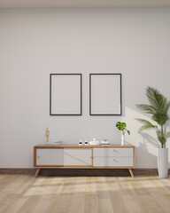 Minimal white living room with decor on wood cabinet, frames mockup on white wall.