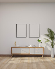 Minimal white living room with decor on wood cabinet, frames mockup on white wall. © bongkarn