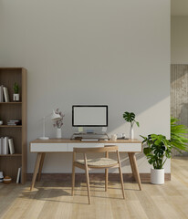 Minimal contemporary home workspace with PC computer mockup on table, white wall.