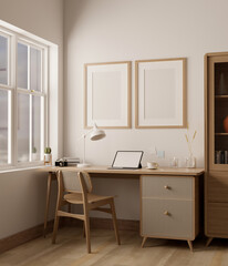 Cozy minimal home workspace with tablet mockup on wood table, frames on white wall.