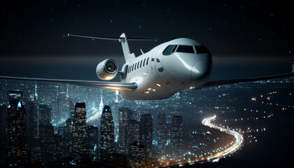 Business travel concept, white luxury private jet flying in clear skies at nigh and Dense cityscape lit up at night in the background, generative ai