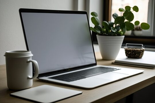 Blank laptop screen on desk in home office. Generative AI