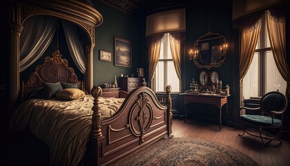 victorian historical bedroom illustration by generative AI - obrazy, fototapety, plakaty