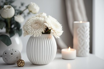 Fototapeta na wymiar white flowers and candles in white interior. Generative AI
