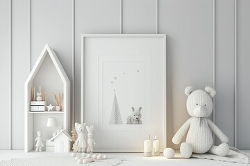 Fototapeta na wymiar Empty vertical picture frame on modern child's white wall. Scandi interior mockup. Free photo copying. Toys, bed, console. Kid-friendly room. Generative AI