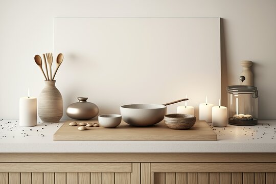 Wooden vintage tabletop or shelf with candles and pebbles, zen mood, over japandi wooden kitchen with cabinets, sink, and induction hob, white architecture interior design, illustration. Generative AI