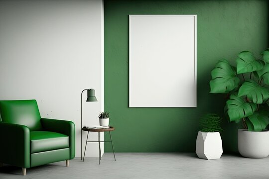 Vertical blank poster on green concrete wall in modern living room with green leather sofa, armchair, floor lamp, and branches in vase on wooden coffee table. illustration. Generative AI