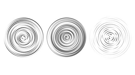 Concentric halftone circles set. Dotted sound wave rings collection. Epicentre, target, radar icon concept. Radial signal, vibration or water elements. Vector 