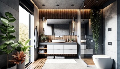 Fototapeta na wymiar Concrete Chic: A Modern Bathroom with Industrial Design and Greenery, AI Generative