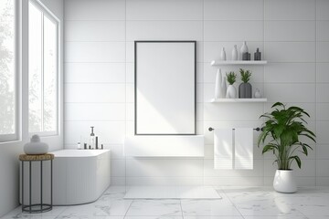 Front view of light bathroom with empty white poster, large mirror, sinks, white tile walls, concrete floor, shelves with towels, faucet. Mockup. Generative AI
