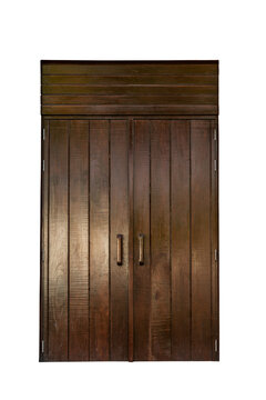 Isolated beautiful wooden double door, dark brown wooden door, vintage style hardwood door on white background.