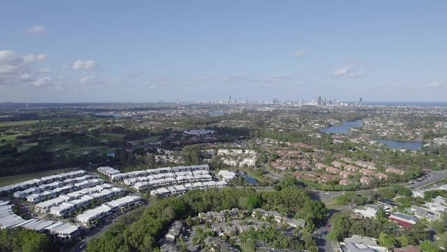 Vibrant Suburb In The Town Of Robina In Gold Coast, Queensland, Australia. aerial sideways