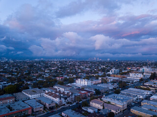 Cloudy sunset over the Los Angeles neighborhood Mar Vista. Aerial pictures taken with a drone. From...