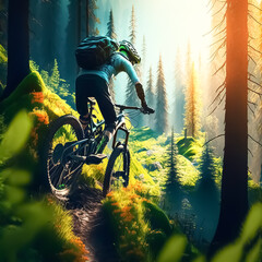 Mountain bikers ride single track. with a view of the green forest behind it.  Sport 3d.  Created with Generative AI technology.
