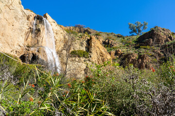 Views of the Southern California landscape during the Escondido falls hike in Malibu California after a heavy rainfall.