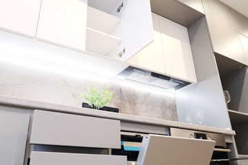 Open kitchen cabinet door. Modern classic white kitchen interior with furniture and appliances