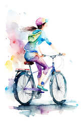 自転車に乗る女性の水彩イラスト／AI画像
