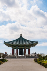 Korean Friendship Bell in San Pedro, California. Photos taken of the ornate pavilion and bell in a public park on a winter day in Los Angeles.