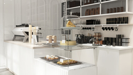 Modern, luxury design cafe, corrugated counter with espresso machine, grinder, coffee cup, cake display fridge, cabinet, shelf in sunlight from window on white wainscot wall background 3D