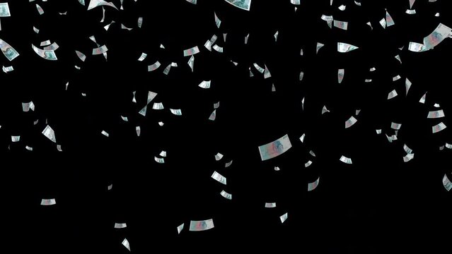 Swedish Krona banknotes falling. Money rain. Alpha channel. 3D render. Animation