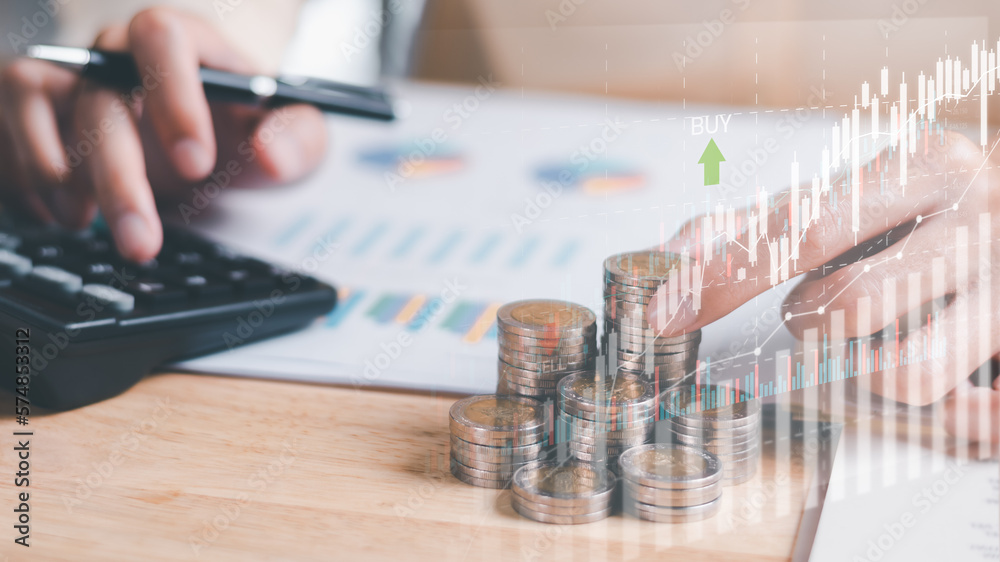 Poster Accountant calculating numbers in company financial documents with calculator ,Analysis of company financial data ,Planning to assess and review the budget ,concept of finance and investment